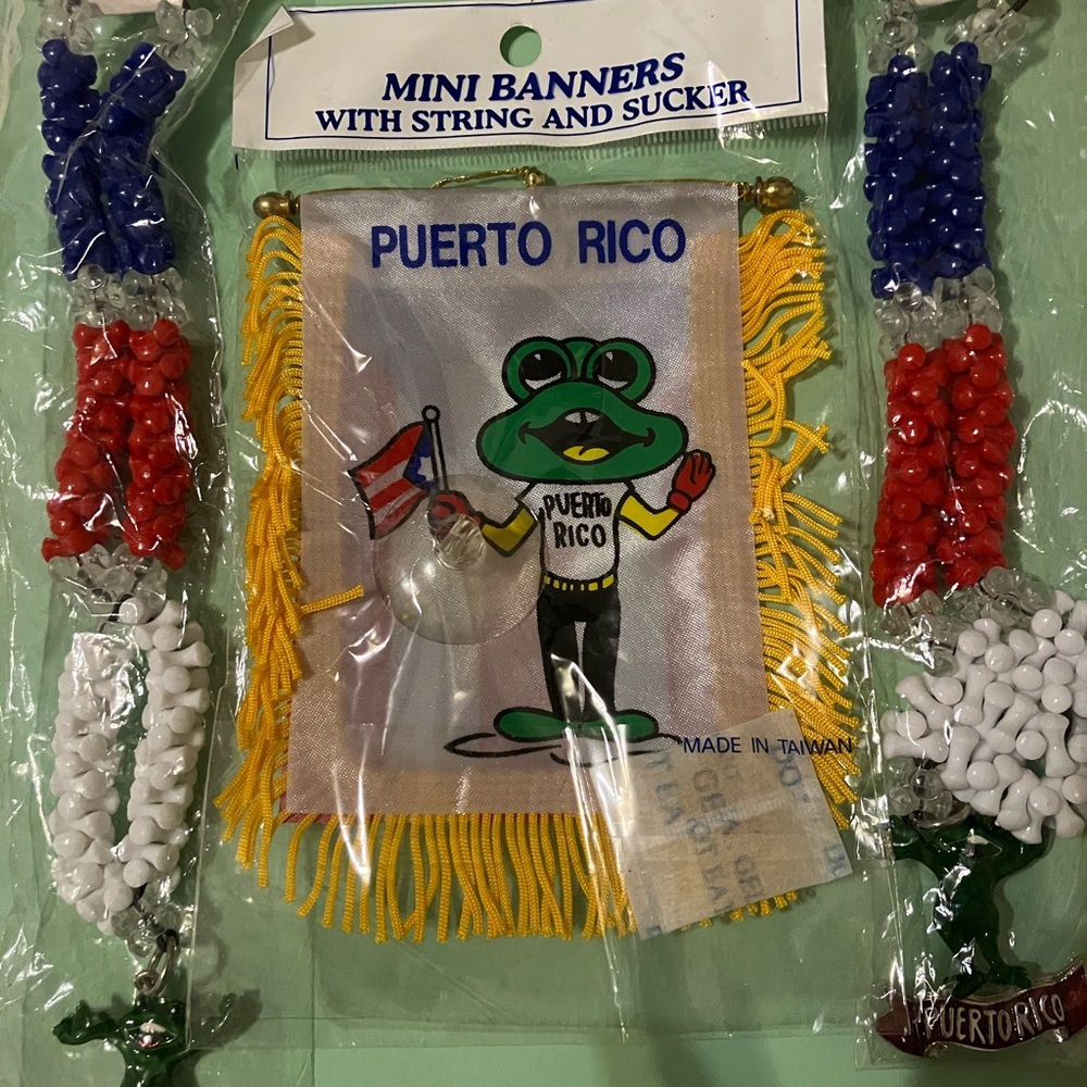 NWT Coqui Items 2 charm Beaded necklace and PR Coqui Car Flag Puerto Rico